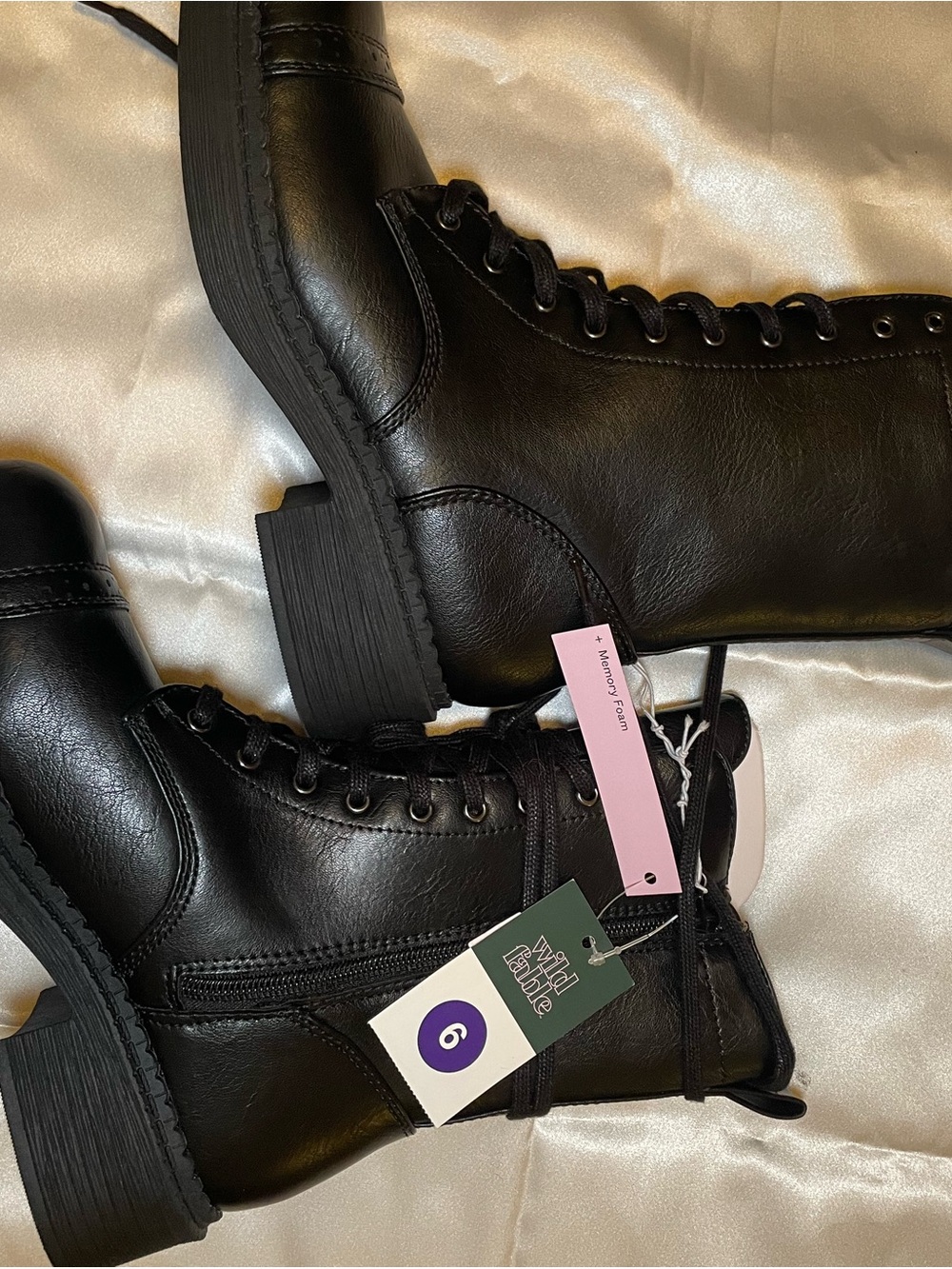 Wild Fable Women’s Black Combat Lace-Up Side Zip Memory Foam Vegan Leather 6